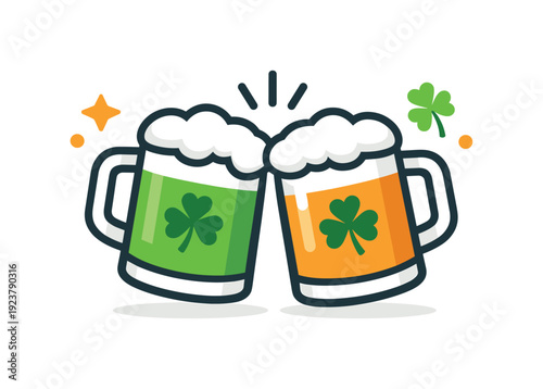 St Patrick?s Day celebration friendly social moment featuring two clinking mugs with small clover accents, conveying togetherness, cheer, and