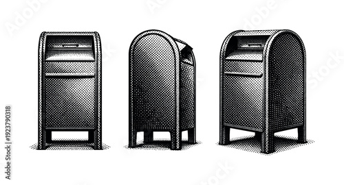 Black and white halftone vector set of public mailbox A public mailbox is illustrated as one object presented from three different views: