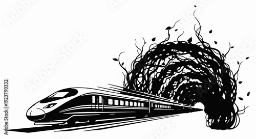 Fast moving train emerges from dark, twisted abstract smoke and branches