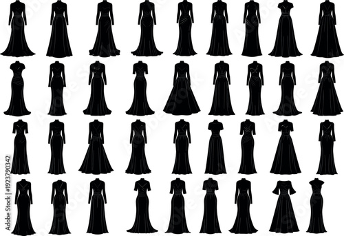Elegant evening gown silhouette collection featuring long dresses and formal wear designs, luxury fashion illustration set, black vector clothing icons isolated on white background