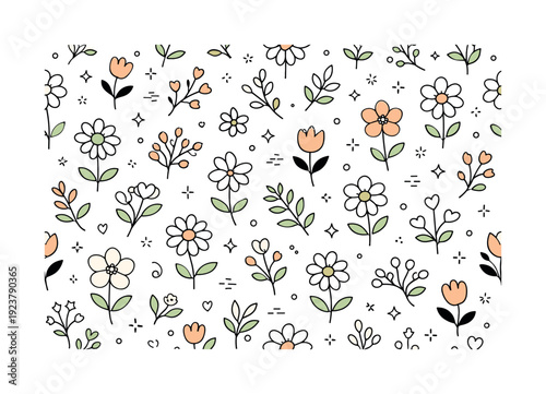 Boho spring florals ? decorative pattern field. Repeating floral motifs with gentle variation, forming a relaxed boho-inspired pattern full