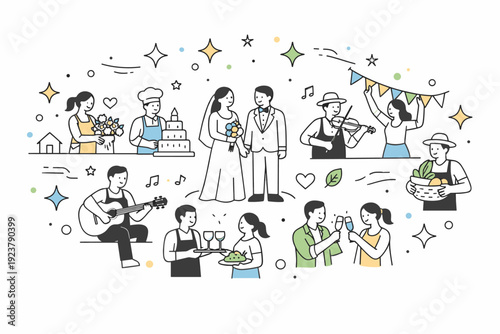 Community-involved wedding celebration. Local artisans, musicians, and friends contributing to the event, abstract floating stars and decorative dots showing