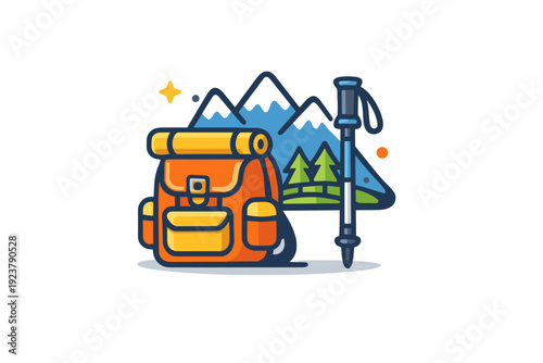 Adventure trekking tourism illustrated by a backpack, walking stick, and mountain icon grouped into a cohesive badge, symbolizing