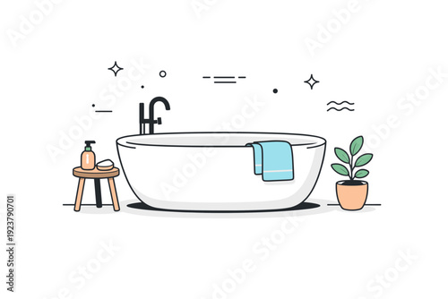 Designing a sleek, modern bathroom with minimal decor. Editorial scene highlighting a freestanding bathtub, simple towel, and small plant.
