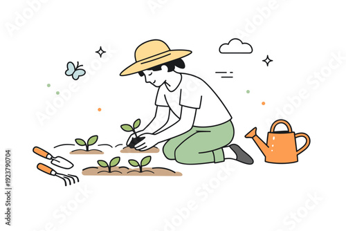 Gardening as daily routine. A person kneels beside garden beds, planting seedlings with simple tools nearby. The illustration reflects slow living, focus, and