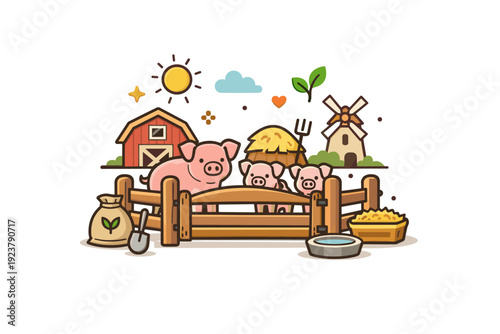 Rural pig enclosure cozy barnyard setting with a clean gate and subtle farm symbols conveying responsible small-scale farming and warm
