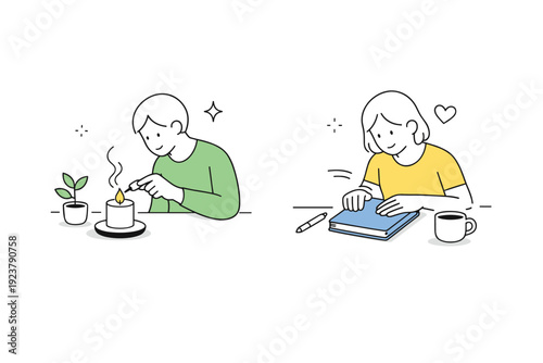 Personal symbolic actions. A person lighting a candle or closing a notebook with care, marking a moment of transition. Soft space and minimal objects emphasize
