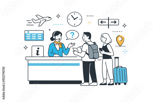Airport information desk. Staff helping travelers with directions and flight info, abstract icons of planes, clocks, and signs floating around to suggest