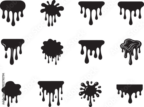   Black dripping shapes vector set on gray with blue sidebar, bold modern silhouette design.