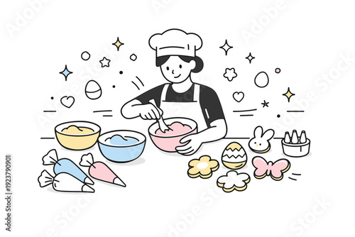 Behind the scenes: pastel palette prep. A baker mixes soft-colored icing in bowls on a counter, surrounded by piping bags and seasonal cookie