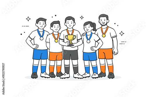 Victory as a team. Players standing in a line with a simple trophy or medal, smiling modestly after winning a match. Pride, accomplishment,