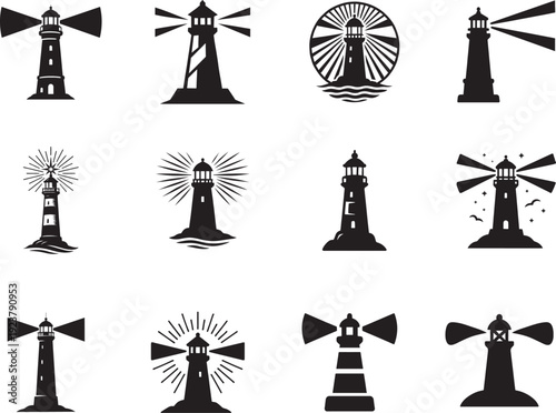   Graphic lighthouse icon set with light rays for maritime navigation, bold vector silhouette pack.