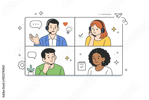 Remote leadership communication. Video call grid with a leader speaking while team members listen attentively. Balanced focus on clarity, empathy,