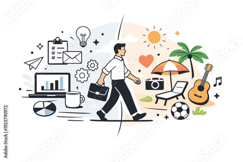 Workday transition to personal time. Abstract split scene with work icons on one side and personal life symbols on the other, gently blending in the center. A