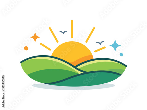 Spring light and warmth feeling captured by a rising sun above soft hills with subtle sparkles, creating a visual metaphor for longer days,