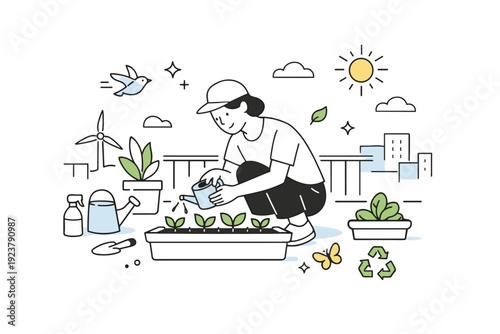 Urban Nature Care. Environmental and sustainability themes. A person caring for small plants on a balcony or rooftop, with city elements softly visible in the