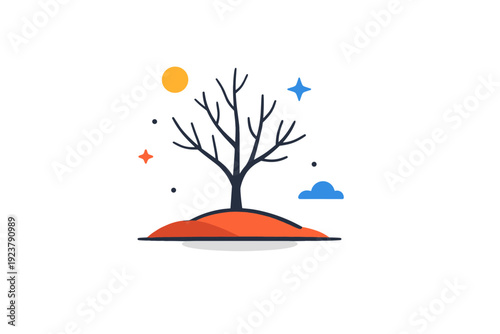 Bare branches emotional metaphor portrayed through empty limbs framed by open space, symbolizing solitude, resilience, and quiet strength. Minimalist flat