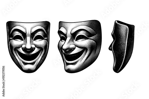 Vintage Theater Mask Views. Theater mask represented as a vintage stage mask with expressive facial planes presented in frontal view, angled three-quarter