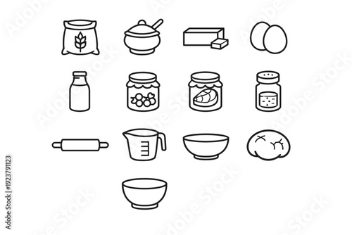 Pie Ingredients. Line icon set of Pie Ingredients: flour bag, sugar bowl, butter stick, eggs, milk bottle, fruit filling, meat filling, spice jar, rolling pin,