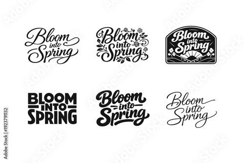 Bloom into spring. Set lettering. harmonious lettering variations of the same emblematic concept, each with different artistic interpretation (Elegant script