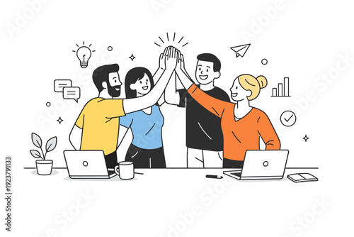 High five startup team. A small startup team celebrating progress with a high five near desks and laptops. The scene feels modern, relaxed, and collaborative.
