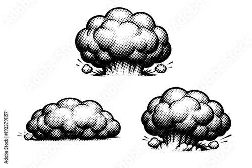 Comic halftone cloud explosion A rounded cloud-like explosion shape presented in front view, side view, and three-quarter perspective as