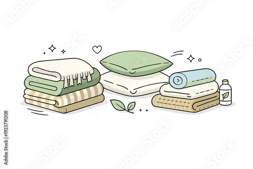 Sustainable home textile composition. Folded throws, pillowcases, and towels arranged in a clean, minimal layout with soft shadows, emphasizing natural fibers