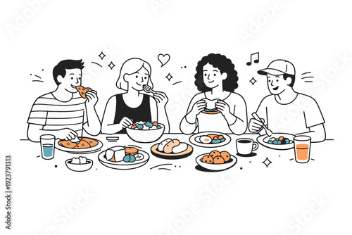 Eating without diet culture. Shared table scene with different foods placed naturally, people eating at their own pace. Neutral, relaxed relationship with food