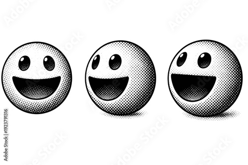 Smiley face with open mouth icon object shown in three views including front view, side view, and angled view emphasizing mouth depth and facial volume. Black