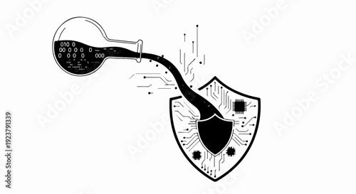 Liquid data pouring into a digital shield, symbolizing cybersecurity and information protection.