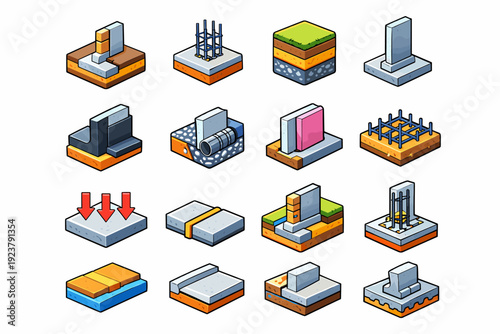 Foundation Wall Section. Colorful isometric vector icons set of Foundation Wall Section: foundation wall cut, reinforced footing, ground soil layers, concrete