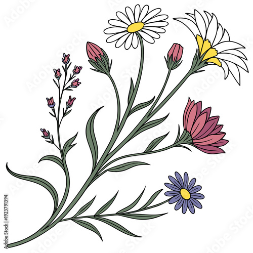 A colorful bouquet of flowers with green stems