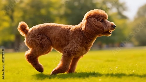Happy apricot poodle running joyfully on green grass in golden sunlight, outdoor pet lifestyle shot with shallow depth of field and vibrant natural lighting