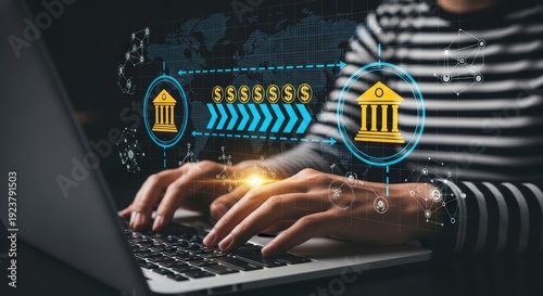 Person using laptop with online banking and financial graphics on screen