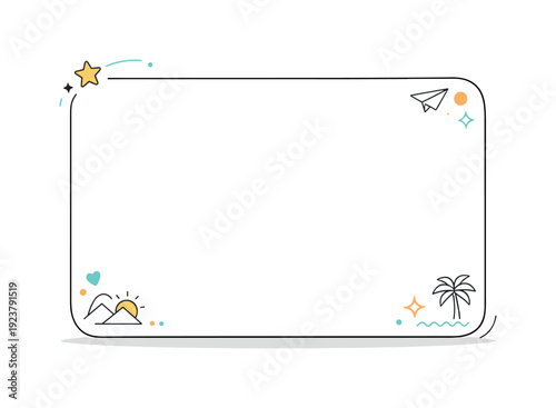 Cute travel themed decorative frame with icons for vacation and adventure