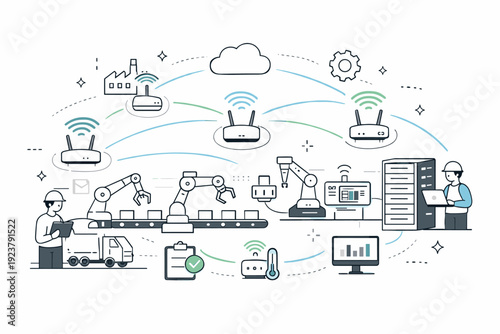 Industrial wireless infrastructure. Network nodes and access points distributed across a factory layout, smooth data flow illustrated with