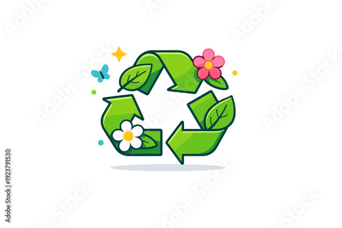 Spring recycling concept green recycling symbol combined with leaves and small flowers, expressing environmental care, renewal and responsible seasonal habits.