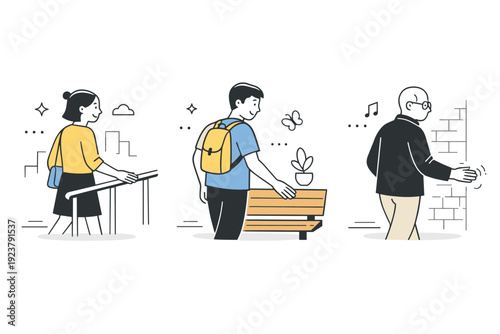 Touching Textures Exploration. People touching textures in public spaces. A person runs fingers along a railing, bench, or wall while passing by. Subtle