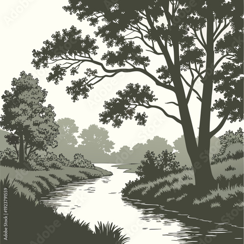 A serene landscape with a river and trees
