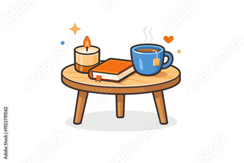 Simple cozy living room details a small side table with a candle, book and cup of tea, symbolizing slow living, quiet moments and mindful
