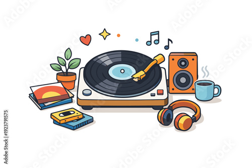 Analog sound experience centered on a vinyl record spinning smoothly and filling the space with music. A friendly editorial illustration