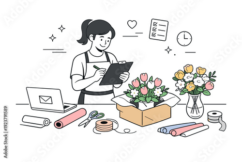 Floral delivery prep scene. A florist checking orders and packing bouquets with care, arranging vases, flowers, and wrapping tools in a tidy workspace. Calm,