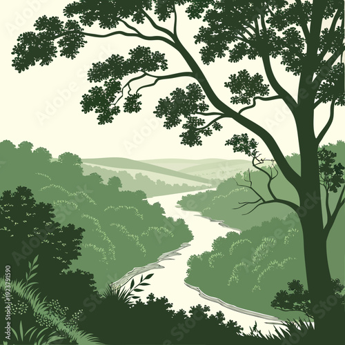 A serene landscape with a winding river and a tree