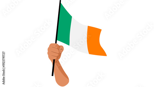 Hand holding Ireland national flag, symbolizing patriotism and national pride, vector illustration