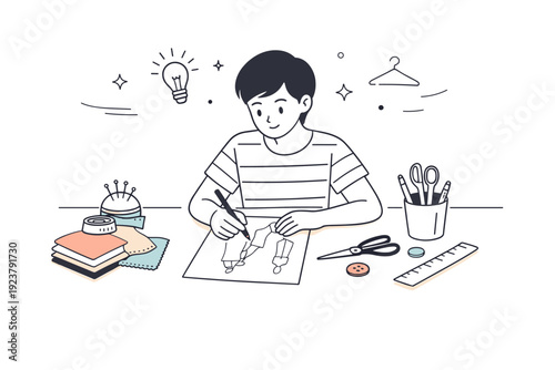 Fashion design process. A designer sketching clothing ideas on paper at a clean desk, surrounded by fabric swatches and simple tools. The