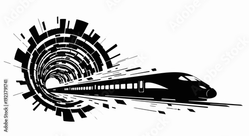 Sleek modern train speeding through a futuristic tunnel with abstract light effects.