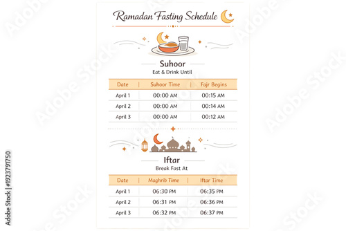 Ramadan daily fasting schedule. A vertical calendar layout showing suhoor and iftar times with simple icons and clear typography placeholders. Clarity,