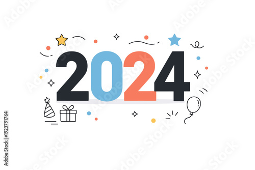 Holiday numbers and typography. Large festive number standing confidently in the center, calm celebratory mood without excess. Simple stars, confetti dots, and