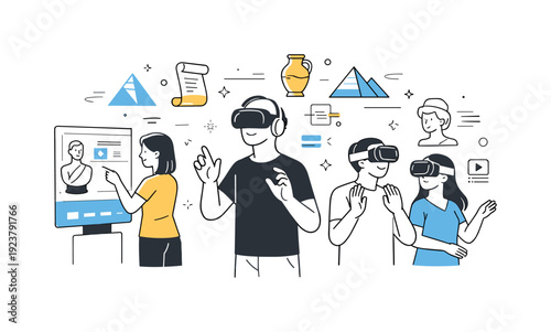 Virtual museum experience. Visitors interacting with digital displays and VR headsets, abstract icons of artifacts and data floating to