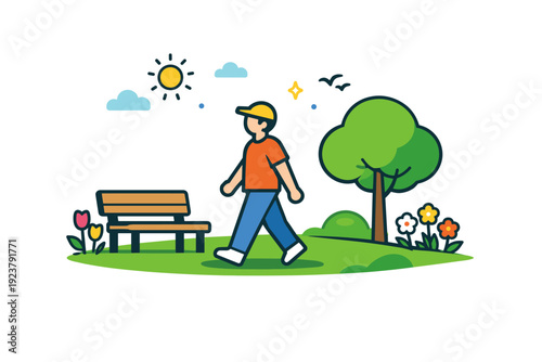 Leisurely spring park stroll relaxed walking through green spaces with flowers and simple benches, conveying peaceful leisure and connection with nature.